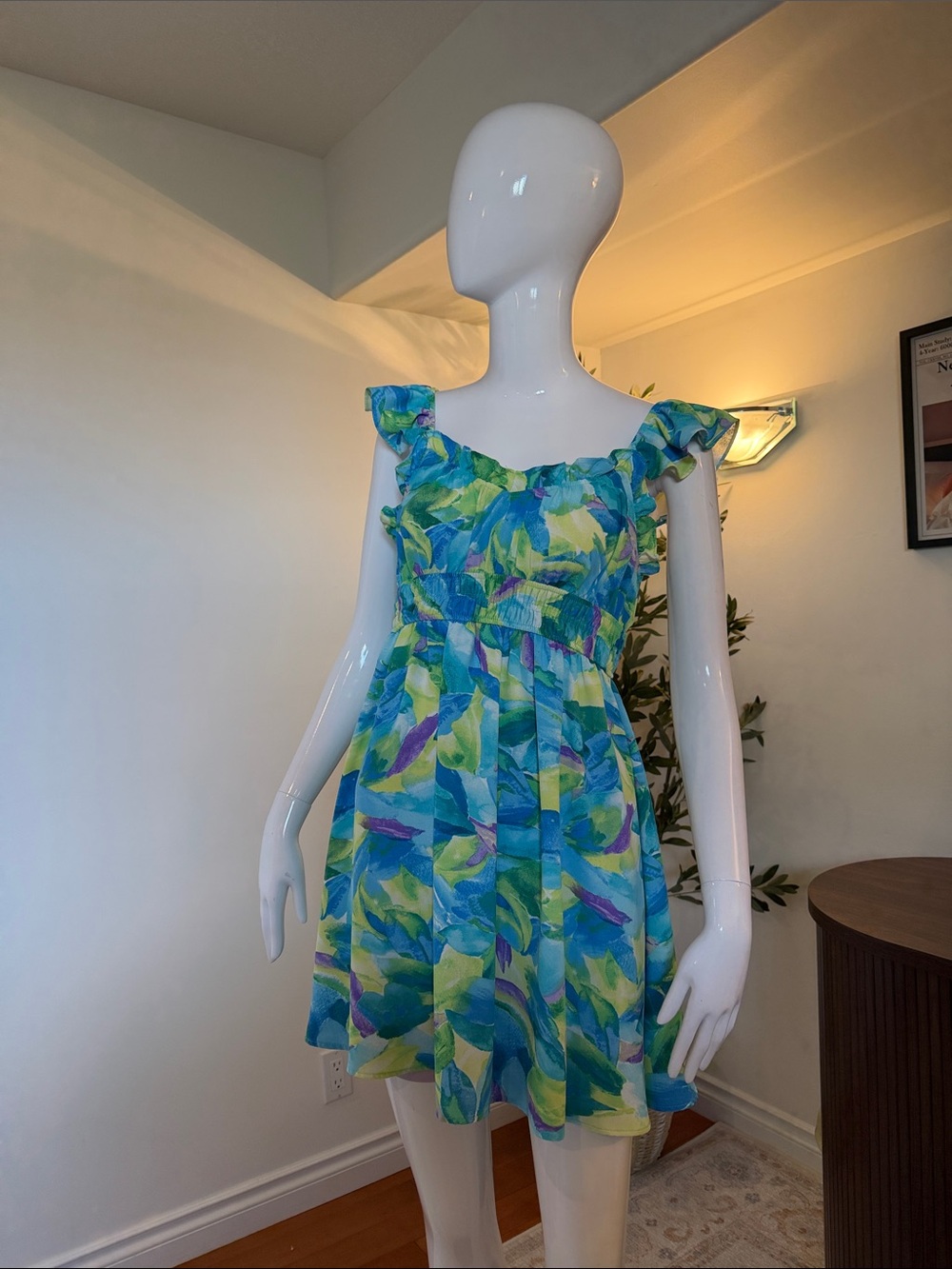Blu Pepper Blue Green Floral Ruffle Mini Dress M